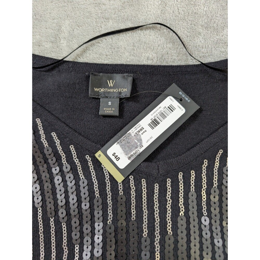 Worthington Top Womens S Black Sequin Knit Long Sleeve Pullover Party Holiday - Picture 4 of 9